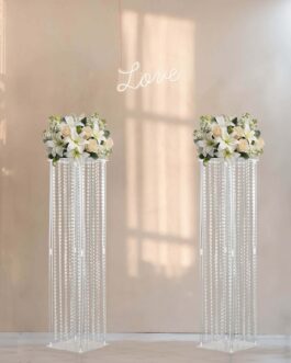 Heavy Duty Acrylic Flower Pedestal Vase with Hanging Crystal Beads, Clear Pillar Stand Wedding Floor Centerpieces With Pre-chained Garlands 5mm Thick Plates 48″