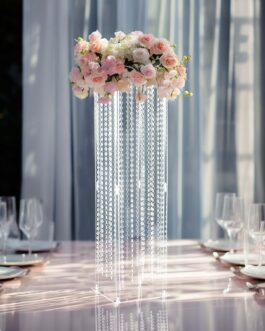 Heavy Duty Acrylic Flower Pedestal Vase with Hanging Crystal Beads, Clear Pillar Stand Wedding Floor Centerpieces With Pre-chained Garlands 5mm Thick Plates 40″
