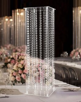 Heavy Duty Acrylic Flower Pedestal Vase with Hanging Crystal Beads, Clear Pillar Stand Wedding Floor Centerpieces With Pre-chained Garlands 5mm Thick Plates 32″