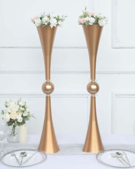 2 Pack Gold Crystal Embellishment Trumpet Table Centerpiece, Reversible Plastic Flower Vase 31″