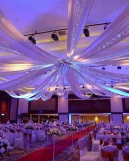 White Ceiling Drape and Stainless Steel Hanging Hoop Hardware Kit + FREE Installation Tool Kit 4 Panel