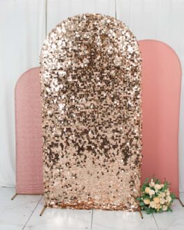 Set of 3 Rose Gold Round Top Fitted Backdrop Stand Covers, Big Payette Sequin, Shimmer Tinsel and Matte Spandex Wedding Arch Frame Covers