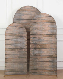 Set of 3 Brown Rustic Wood Plank Pattern Spandex Fitted Wedding Arch Covers For Round Top Chiara Backdrop Stands 5ft, 6ft, 7ft