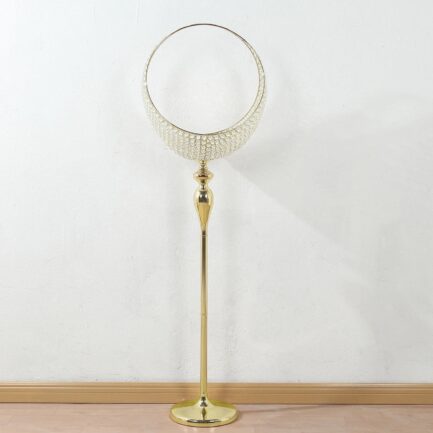 Gold Crystal Beaded Metal Candle Holder Stand in Half Moon Basket Design, Wedding Table Flower Centerpiece Floor Stand with Round Stable Base - 4.5ft Tall