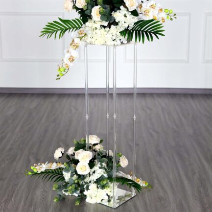 Clear Acrylic Floor Vase Flower Stand With Square Mirror Base, Wedding Column 40"