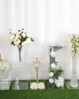 Set of 5 Clear Acrylic Pedestal Risers, Transparent Display Boxes with Interchangeable Lid and Base 12″,16″,24″,32″,40″