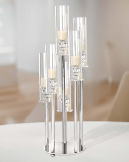 Clear 7 Arm Crystal Cluster Round Taper Candelabra, Candle Holder For Votive Pillar Candles With Mirror Base 33″
