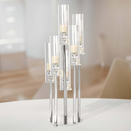 Clear 7 Arm Crystal Cluster Round Taper Candelabra, Candle Holder For Votive Pillar Candles With Mirror Base 33"