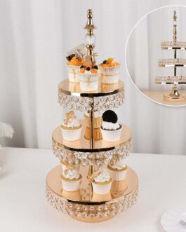 3-Tier Crystal Beaded Gold Metal Cake Stand, Cupcake Tower Dessert Display Stand with Round Mirror Top – 26″ Tall