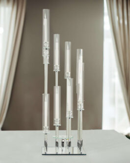Crystal 12-Arm Cluster Glass Candelabra Floral Pedestal Stand, Square Hurricane Taper Candle Holder Stand 4.5ft