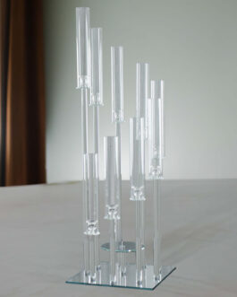 Crystal 9-Arm Cluster Glass Candelabra Floral Pedestal Stand, Square Hurricane Taper Candle Holder Stand 4ft
