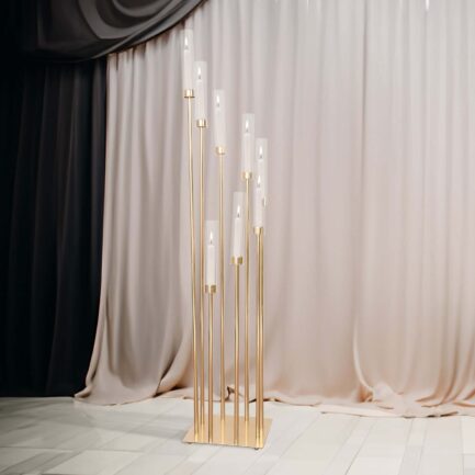 Gold 8 Arm Cluster Taper Candle Holder With Clear Glass Shades, Large Candle Arrangement 42"
