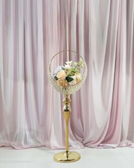 Gold Crystal Beaded Metal Candle Holder Stand in Half Moon Basket Design, Wedding Table Flower Centerpiece Floor Stand with Round Stable Base – 3ft Tall