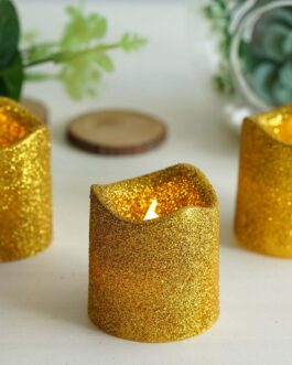 12 Pack Gold Glittered Flameless LED Votive Candles, Battery Operated Reusable Candles