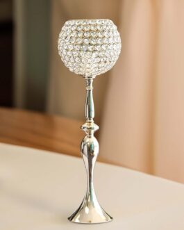 Gold Metal Acrylic Crystal Goblet Candle Holder, Flower Ball Stand 30″