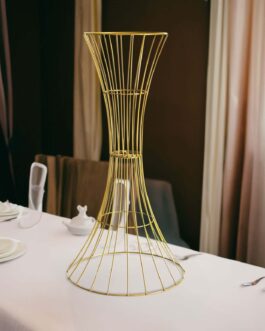 Gold Metal Wire Trumpet Shaped Flower Centerpiece Stand, Hourglass Open Frame Reversible Pedestal Prop 36″ Tall
