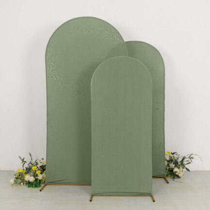 Set of 3 Matte Dusty Sage Green Spandex Fitted Wedding Arch Covers For Round Top Chiara Backdrop Stands 5ft, 6ft, 7ft