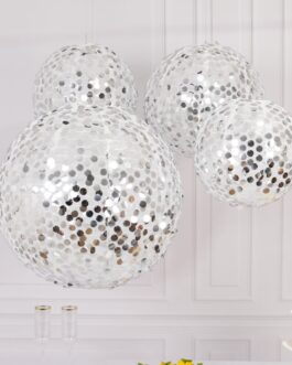 Set of 4 Shimmer Silver Payette Sequin Hanging Lanterns, Large Decorative Round Foldable Fabric Chinese Lantern Lampshades – 12″,14″,16″,20″