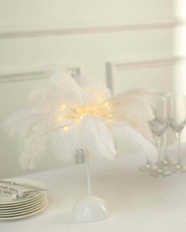 LED White Ostrich Feather Table Lamp Desk Light, Battery Operated Cordless Wedding Centerpiece 15″