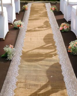 Natural Jute Burlap Aisle Runner with White Floral Lace Borders 30ft