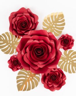 Set of 9 Red 3D Rose Paper Flowers with Gold Monstera Leaves, Nursery Flower Backdrop Hanging Wall Decor