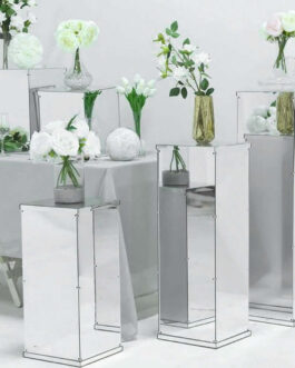 Set of 5 Silver Mirror Finish Acrylic Pedestal Risers, Display Boxes with Interchangeable Lid and Base 12″,16″,24″,32″,40″