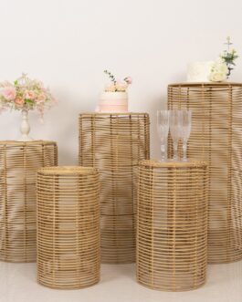 Set of 5 Natural Woven Rattan Wicker Plant Stands, Farmhouse Side Table Cylinder Cake Pedestal Dessert Display Stands – 20″,21″,24″,29″,36″