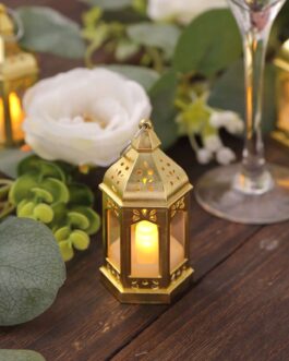 6 Pack Gold Vintage Mini Lantern with Flickering LED Tealight Candles, Moroccan Style Battery Operated Warm White Candle Lantern Lamp Centerpieces – 3.5″