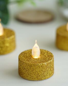 12 Pack Gold Glitter Flameless LED Candles – Battery Operated Tea Light Candles