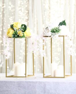 2 Pack Rectangular Gold Metal Wedding Flower Stand, Geometric Column Frame Centerpiece 16″