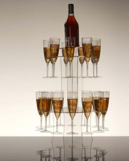 3-Tier Round Clear Acrylic Champagne Glasses Flutes Display Stand, Wine Glass Rack Tower – Holds 23 Stemware + 1 Bottle 21″