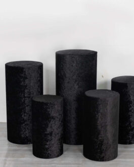 Set of 5 Black Crushed Velvet Cylinder Pillar Prop Covers, Premium Pedestal Stand Covers