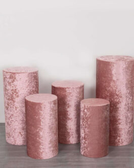 Set of 5 Dusty Rose Crushed Velvet Cylinder Pillar Prop Covers, Premium Pedestal Stand Covers