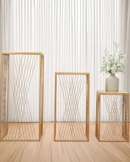 Set of 3 Gold Metal Rectangular Pedestal Stands with Geometric Crossed Lines Pattern, Floral Display Stands Nesting Cake Dessert Tables – 19″,27″,35″