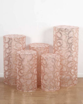 Set of 5 Rose Gold Sequin Mesh Cylinder Pillar Prop Covers with Leaf Vine Embroidery, Sparkly Sheer Tulle Pedestal Stand Covers