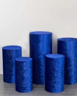 Set of 5 Royal Blue Crushed Velvet Cylinder Pillar Prop Covers, Premium Pedestal Stand Covers