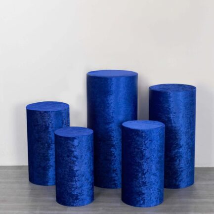 Set of 5 Royal Blue Crushed Velvet Cylinder Pillar Prop Covers, Premium Pedestal Stand Covers
