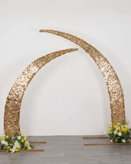 Set of 2 Gold Big Payette Sequin Wedding Arch Cover for Half Crescent Moon Backdrop Stand, Sparkly Double Sided – 6.5ft, 8ft