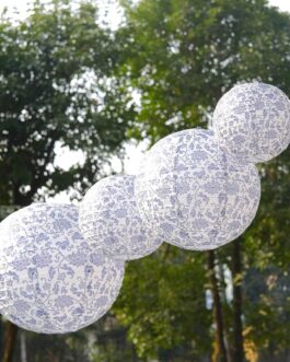 Set of 8 White Blue Hanging Paper Lanterns in French Toile Floral Pattern, Chinese Festival Lanterns – 6″,8″,10″,14″
