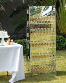 Silver Mirror Finish 5-Tier Wine Glass Stemware Rack, 40 Champagne Flute Holder Foam Board Wall Stand – 5ft