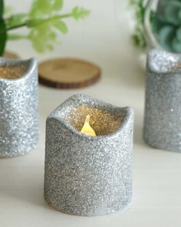 12 Pack Silver Glittered Flameless LED Votive Candles, Battery Operated Reusable Candles