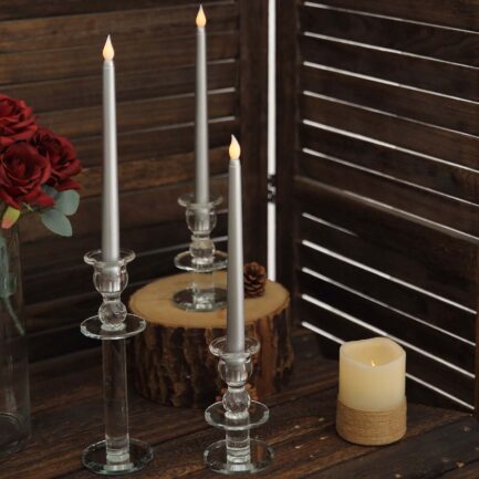 3 Pack Silver Warm Flickering Flameless LED Taper Candles 11"