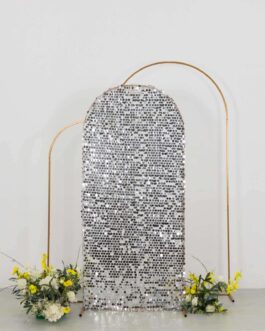 Sparkly Silver Big Payette Sequin Fitted Chiara Backdrop Stand Cover for Round Top Wedding Arch – 6ft