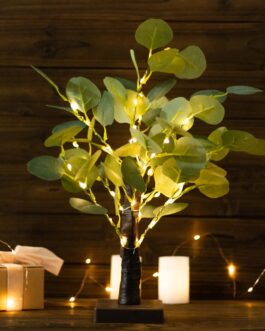 Warm White 50LED Fairy Lighted Artificial Eucalyptus Plant, Battery Operated Tabletop Lighted Tree 17″ Tall