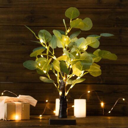 Warm White 50LED Fairy Lighted Artificial Eucalyptus Plant, Battery Operated Tabletop Lighted Tree 17" Tall