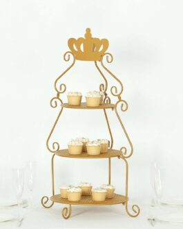 3 Tier Round Gold Metal Cake Stand with Crown Top, Cupcake Holder Dessert Display Stand – 32″ Tall