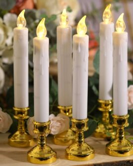 Set of 6 White Flickering Flameless LED Taper Candles with Removable Gold Candle Holders, Battery Operated Window Candles 10″