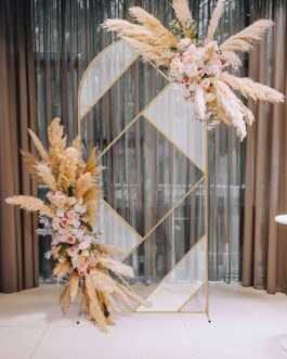 Gold Metal Round Top Geometric Wedding Backdrop Floor Stand, Rectangular Flower Frame Prop Stand With Cloudy Film Insert 7ft Tall
