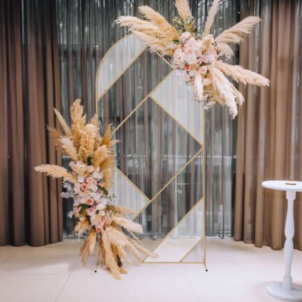 Gold Metal Round Top Geometric Wedding Backdrop Floor Stand, Rectangular Flower Frame Prop Stand With Cloudy Film Insert 7ft Tall